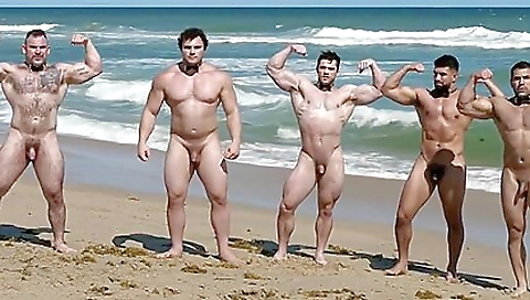 Muscular men on the beach with big titties and thick asses