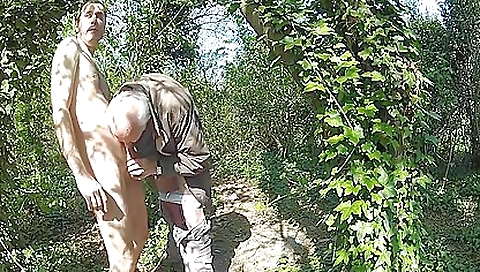 Blonde with big boobs in the woods getting deepthroated