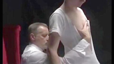 Old stepfathers spank a young blonde girl in the bed